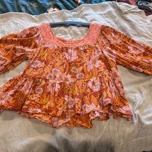 American Eagle Outfitters Floral Tiered Peasant Top - Orange & Pink